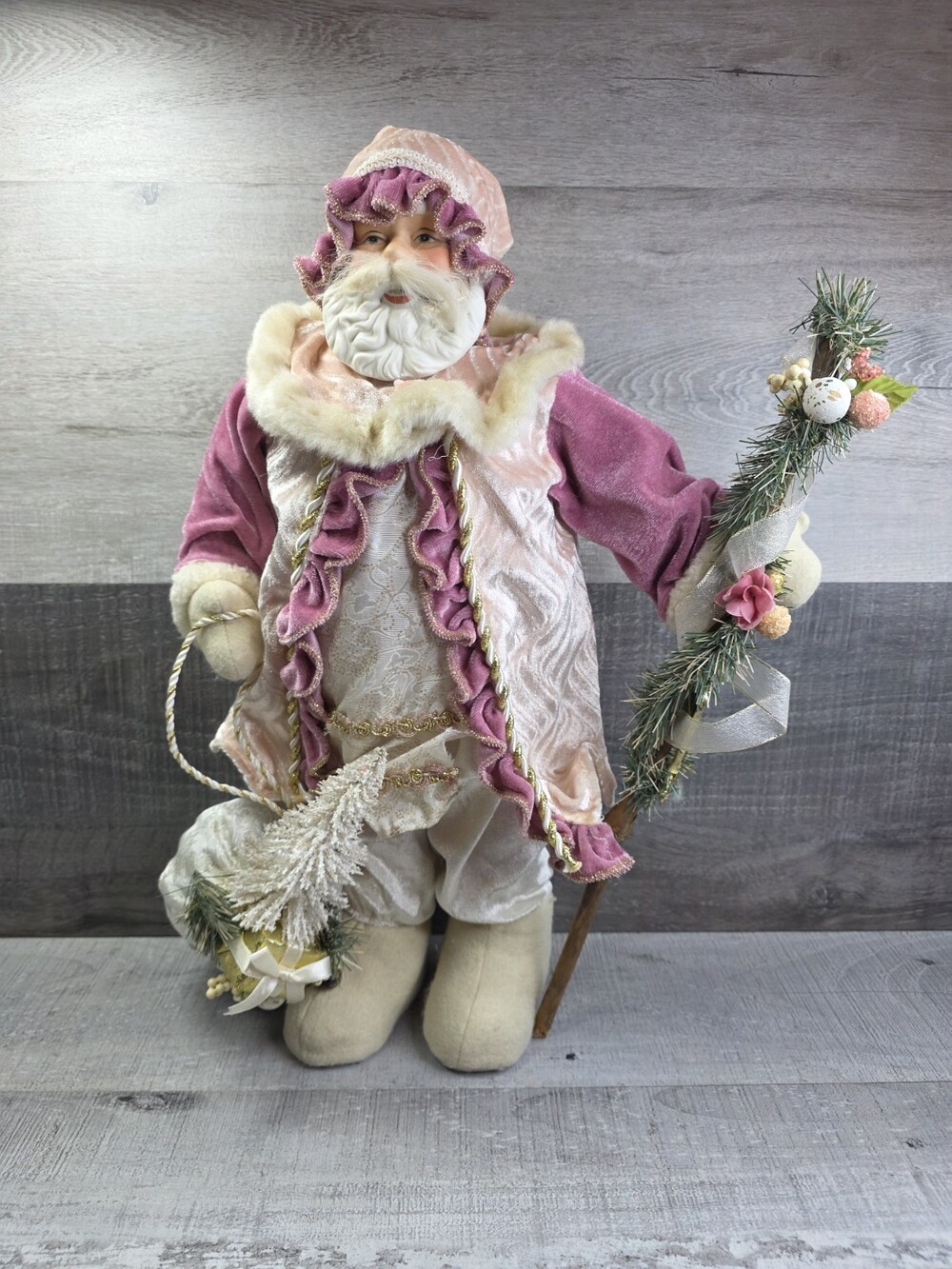 Vintage Old World Pastel Pink Velvet 18" Victorian Santa Christmas Figure b18